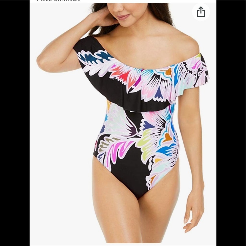 22. Trina Turk Off-The-Shoulder Ruffle Bandeau One Piece Swimsuit